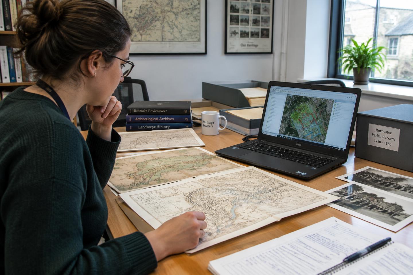 Researcher reviewing historic maps and GIS mapping for a desk-based assessment