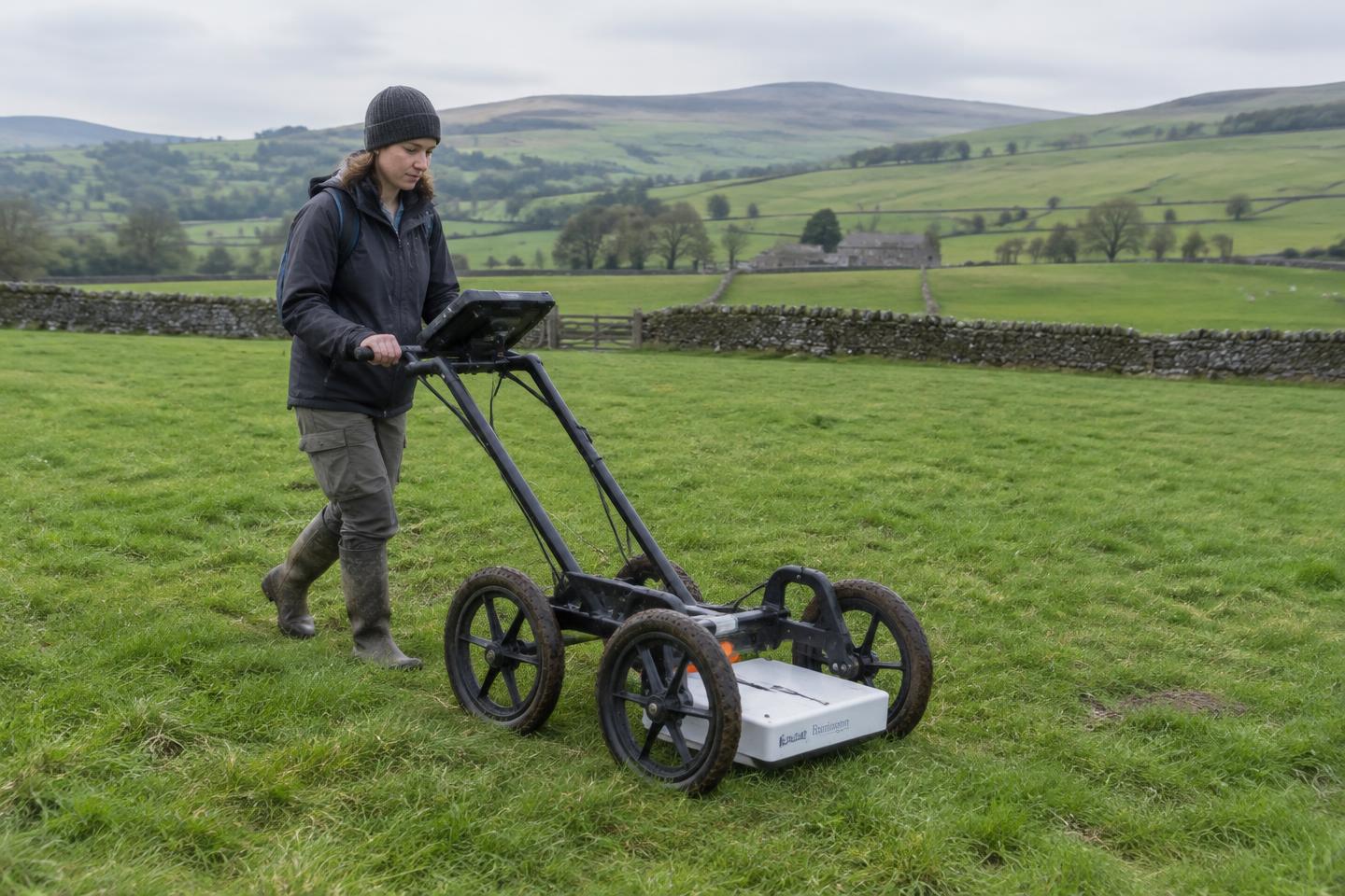 Archaeologist pushing a geophysical survey cart across a Yorkshire pasture